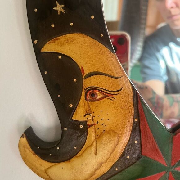 Vintage Sun & Moon Celestial Wooden Mirror with Stars Handpainted 23"X11.5" - Picture 5 of 16